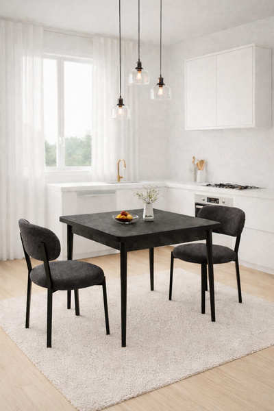 Renlife Ahşap Mutfak Masası Takımı Metal Ayaklı 2 Adet Antrasit Sandalye 70x7...