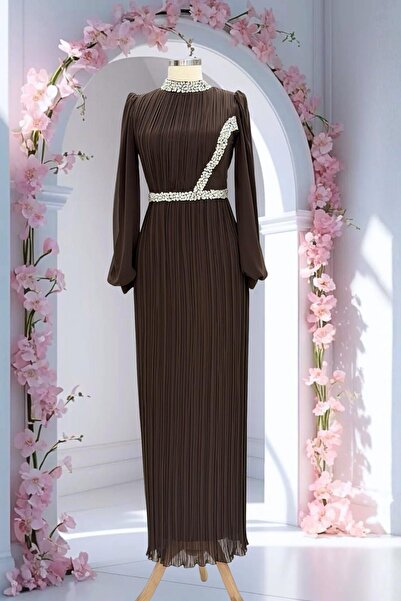 Amine Hüma Sima Abiye Elbise Kahverengi