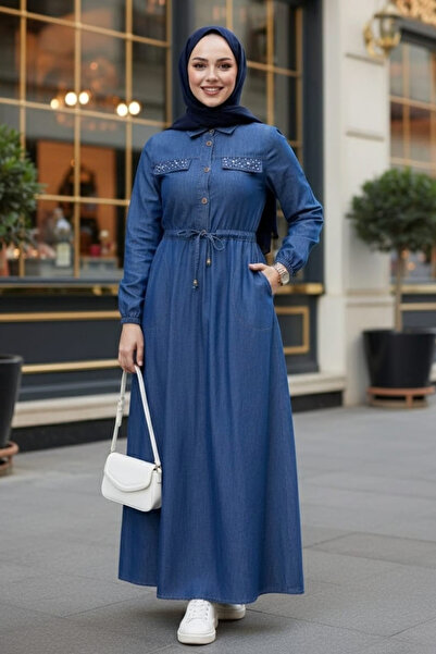 Hb Harma Time Butik Women's Stone Embellished Buttoned Dark Blue Denim Dress