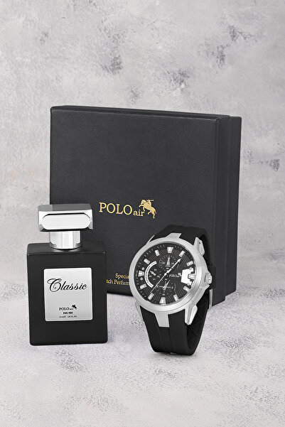 Polo Air Kauçuk Kordon Erkek Kol Saati Ve Parfüm Hediyelik Kutusunda Set Siya...