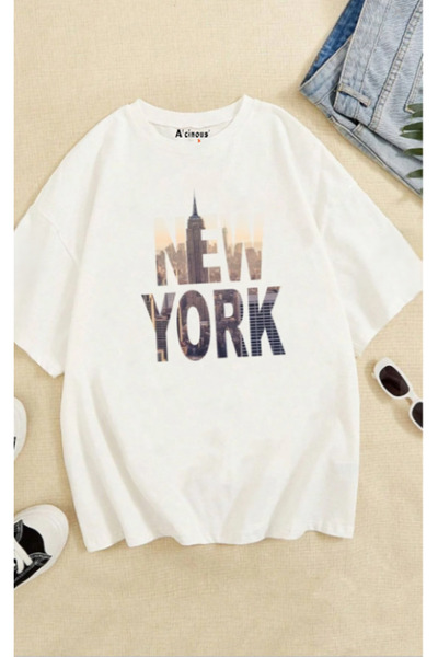 ALCİNOUS Unisex Cotton New York Printed Oversize Short Sleeve Women's Tshirt