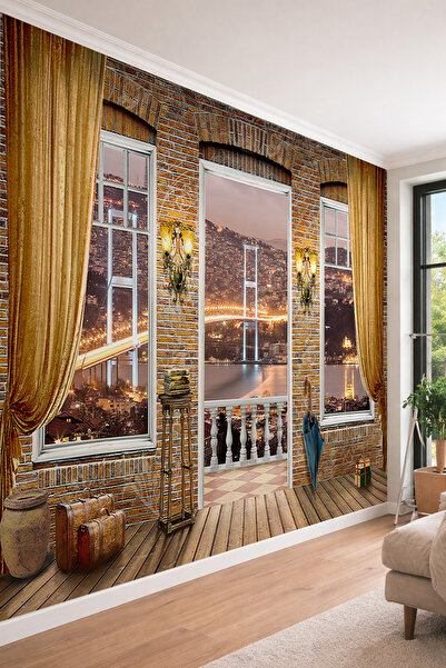 dreamwall Tuğla Duvarlı İstanbul Boğazı Manzaralı 3D Teras Tekstil Duvar Kağıdı