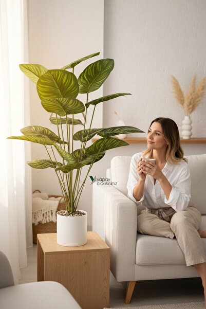 YAPAY ÇİÇEKÇİNİZ Beyaz Saksıda 95 cm 18 Dallı Yapay Salon Çiçeği Yoğun Yaprak...