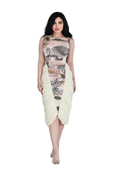 TREN Cream Ruched Cocktail Dress with Artistic Print Fitted Sleeveless Midi f...