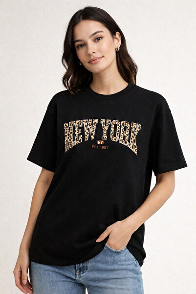 CONSTRAİN Γυναικείο μπλουζάκι με στάμπα λεοπάρ και στάμπα Νέα Υόρκη, μαύρο