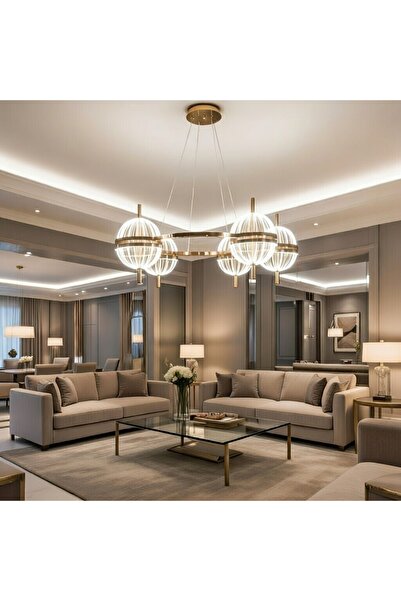 VAV AVİZE TOMRİS Lüks Küre Avize - Altın 5'li Silindir LED Sarkıt, 3 Renk Işı...