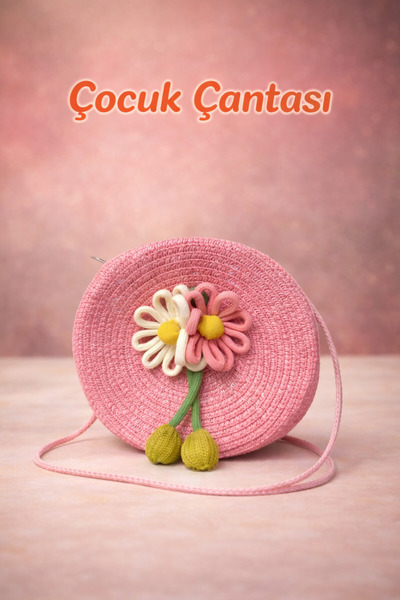 Selvira Children's Straw Bag Round Model – Colorful Flower Detail, Summer Gir...
