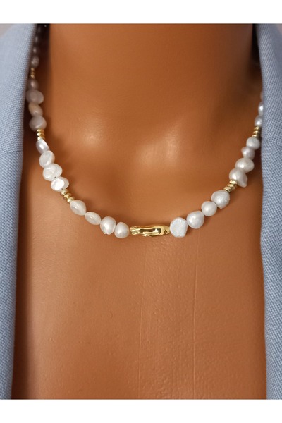 LemaStone Doğal gerçek AA kalite inci çelik detaylı kolye ve barok inci çelik...