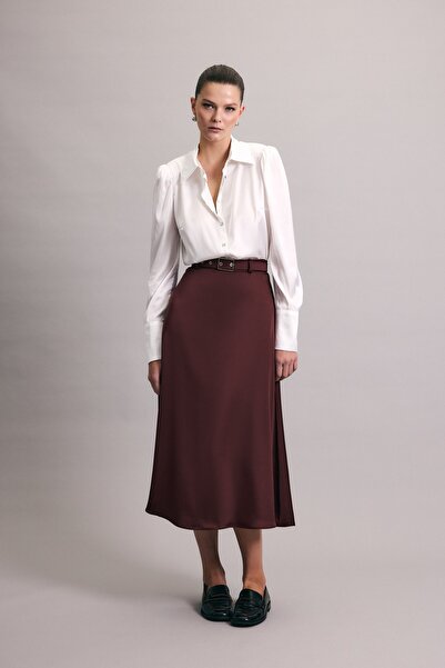 Sateen Belted Satin Skirt - Burgundy