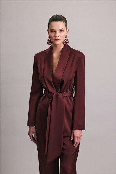 Sateen Сатиновий піджак з поясом - бордовий