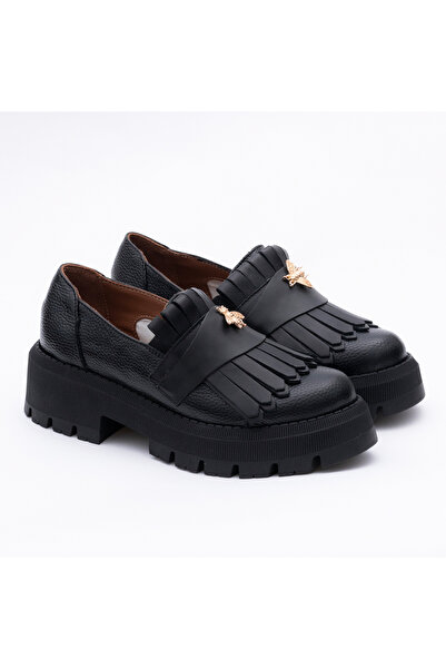 VAGAM Black Genuine Leather Shoes with Fringes