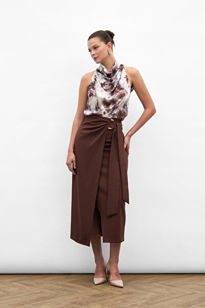 Sateen Fusta cu șliț și curea - Maro