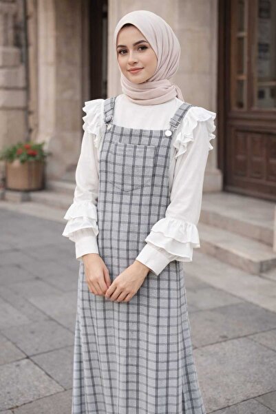 NEWBRA LINGERIE Kadın gri ekoseli jile elbise tesettür salopet