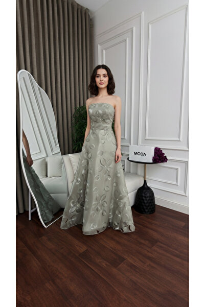 MODA فستان سهرة أنيق بلون أخضر زيتوني بتطريز زهور بارزة