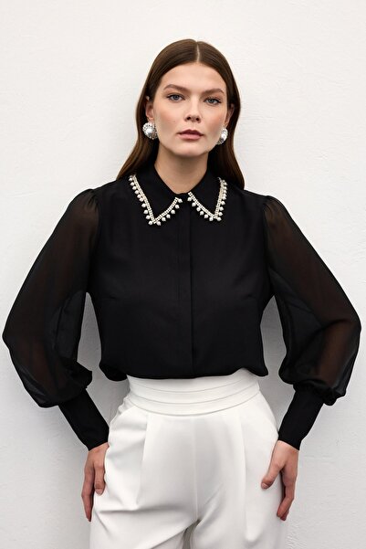 Sateen Accessory Collared Shirt - Black