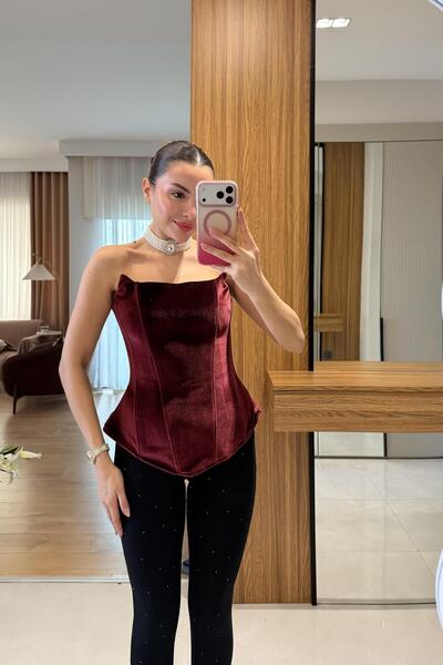 Gizem Ecemiş Moche Bordo Kadife Korse Bluz