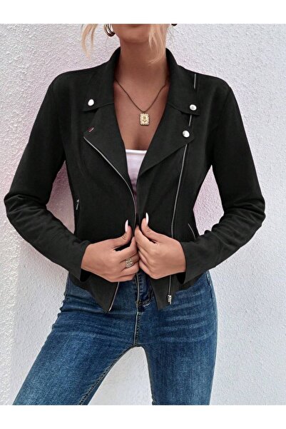 Turega Style Women's Long Sleeve Collared Front Zipper Short Suede Jacket