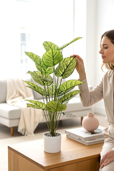 YAPAY ÇİÇEKÇİNİZ Beyaz Saksıda 95 cm 18 Dallı Yapay Salon Çiçeği Yoğun Yaprak...