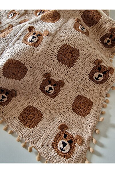 Hobi Kafe Hand Knitted Baby Blanket with Teddy Bear in 85Cm*85Cm Sizes