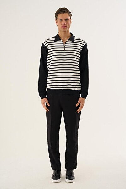 ALEXANDERGARDI Striped Half-Zip Polo Collar Long Sleeve Sweatshirt