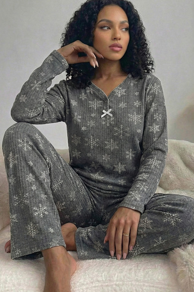 Niket Life Women's Snowflake Patterned Twill Pear Collar Long Sleeve Long Cot...