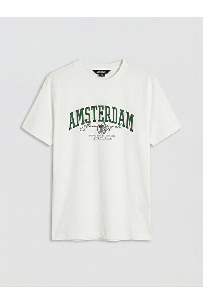 LC Waikiki Ανδρικό μπλουζάκι Ecru Crew Neck με στάμπα Amsterdam