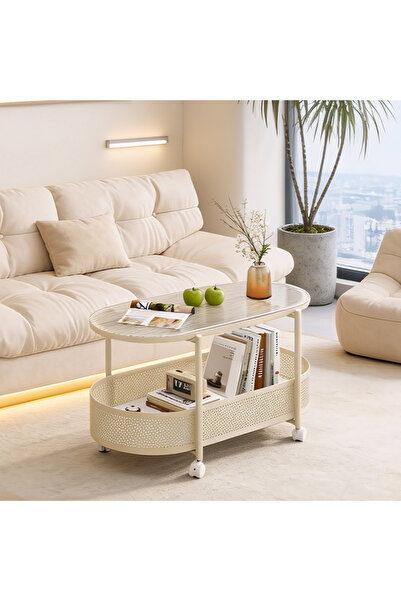 Zeno Oval Glass Coffee Table with Wheels and Storage Basket - Modern Cream Te...