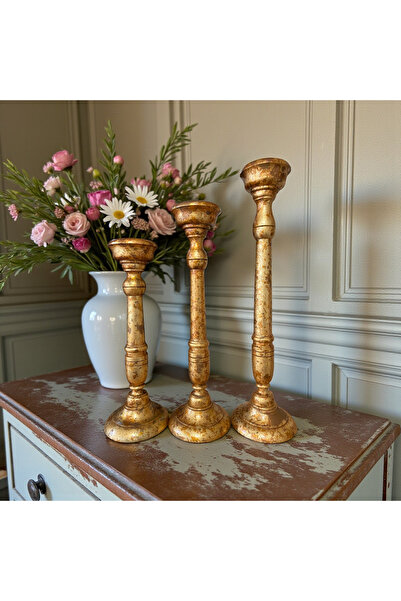 Lotus Ahşap El Boyaması 3lü Şamdan Antik Gold Vintage Altın Varak