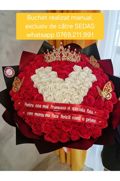 Store.sedas Buchet 101 trandafiri de sapun rosii cu inima alba personalizat, ...