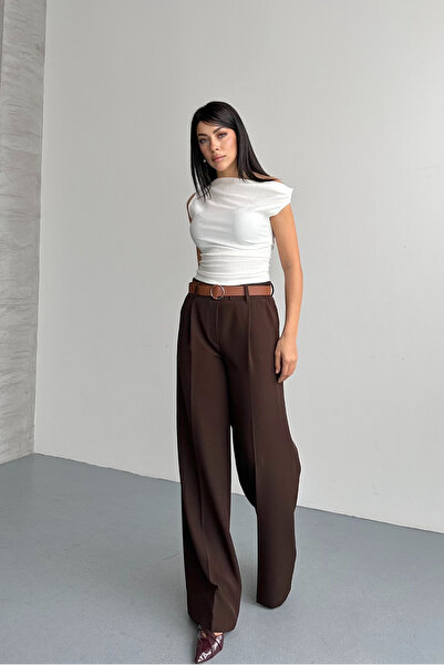 macharel jeans بنطلون نسائي واسع الساقين مع جيوب وحزام باللون البني