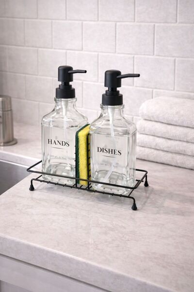 Home Stuff Suport negru pentru săpun din sticlă cu 2 sticle