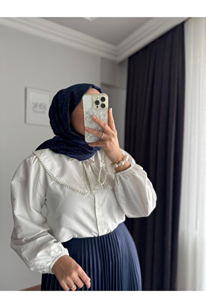 RFK Butik Kadın Bebe Yaka Incili Etek Üstü Tasarım Gömlek - Beyaz