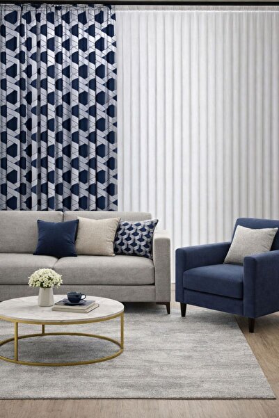 PERDE MERKEZİ Paris Lacivert Gümüş Fon Perde Salon Ve Misafir Odalarına Uygun...