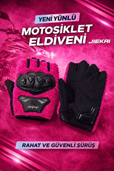 JK Jiekai fuşya Peluşlu Yarım Motosiklet Eldiveni Tam Korumalı by-006