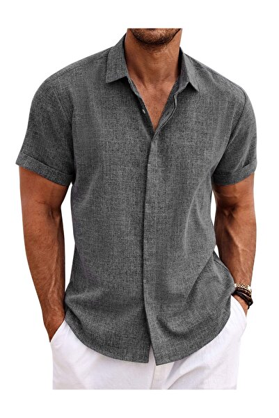COOFANDY Men's shirt, short sleeves, casual, cotton-linen, comfortable, dark ...