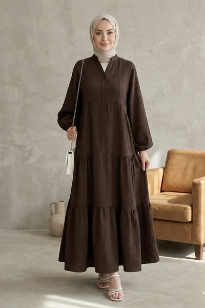 Kirazgym فستان نسائي من قماش الموسلين بياقة واسعة وأكمام نصفية وأزرار جزئية -...