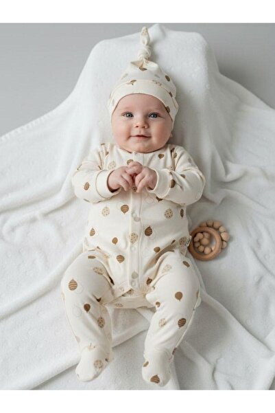 Zekids Baby Cotton Balloon Patterned Romper with Booties and Front Snap Hat