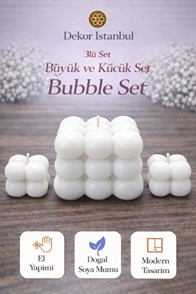 Dekor İstanbul Bubble Mum 3’lü Set Beyaz | El Yapımı Doğal Soya Mumu | Dekora...