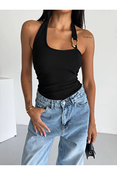 Cool & Sexy Women's Shoulder Buckle Detail Blouse Black