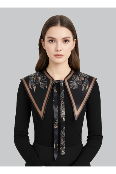 josef mariyy Fular Serisi Lineer Gül Desenli Siyah Saten Omuz Şalı