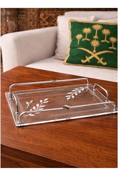 ALQANNAS Modern Rectangular Acrylic Serving Tray with Titanium Stainless Stee...