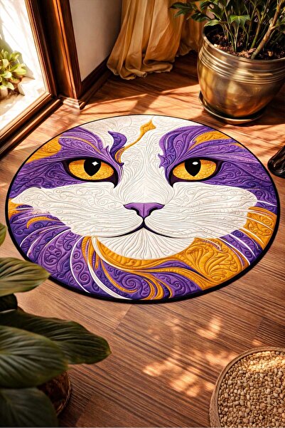 Qatalina Mor Beyaz Kedi Desenli Yuvarlak Halı | Kaymaz Taban | Antre, Salon, ...