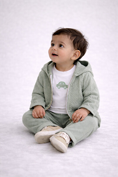 Tifina Kids Erkek Bebek 3'lü Takım Kapüşonlu Triko Dokulu Hırka Araba Nakışlı...