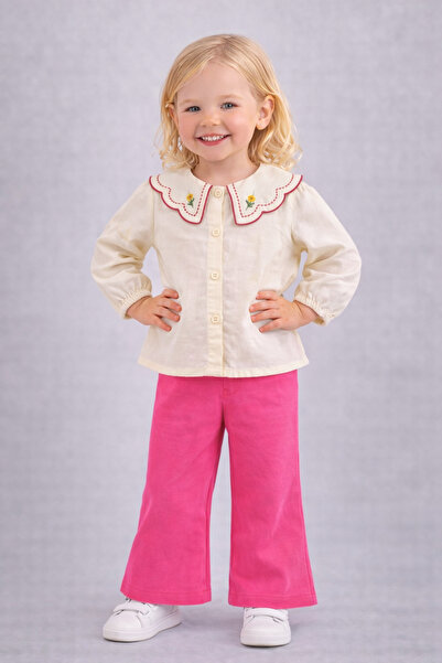 dinamik çocuk Kız Bebek/Çocuk Papatya Nakışlı Fırfırlı Yakalı Gömlek ve İspan...