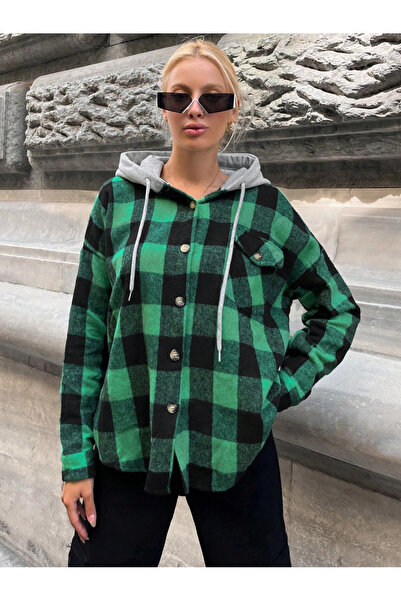 Cool & Sexy Women's Green Hooded Oversize Pocketed Buttoned Plaid Shirt Jacket