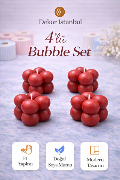 Dekor İstanbul Bubble Mum 4’lü Set Kırmızı | El Yapımı Doğal Soya Mumu | Deko...