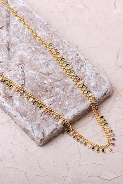 Sümer Telkari Gurmet Mix Taşlı Damla Altın Kaplama 925 Ayar Gümüş Choker Koly...