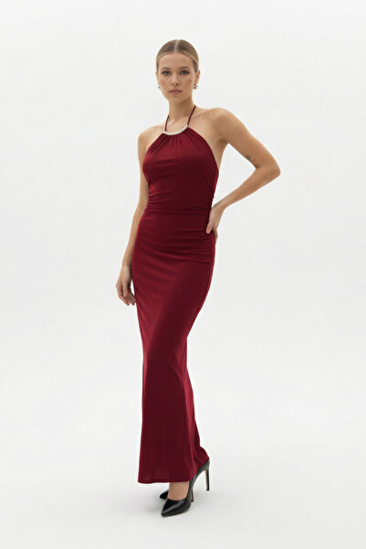 DIANNA Women's Red Long Dress with Collar and Moon Accessories