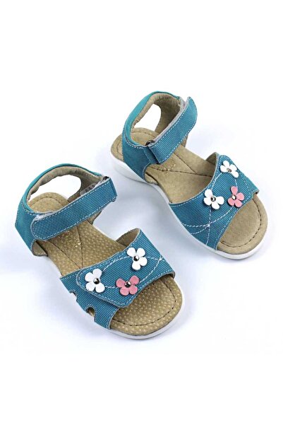 tino Sandale din piele naturala , pentru fetite , cu flori 1833-TURCOAZ/1