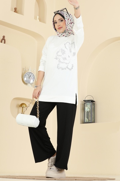 ModaMerve Çiçek Desen İki İp Takım 3999UZ662-MS Ekru&Siyah